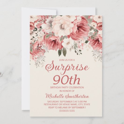 Roze Red Cream Waterverf Floral Surprise 90th Kaart (Voorkant)