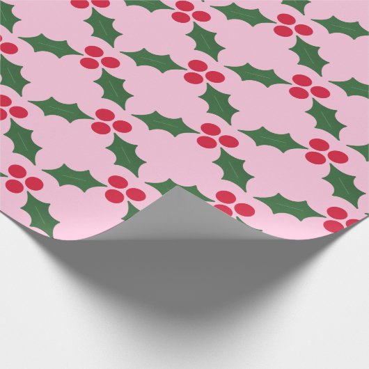 Roze Red Green Holly Cadeaupapier (Hoek)