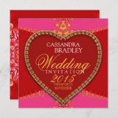 Roze Red Heart Gold Lace Wedding Invitations Kaart (Voorkant / Achterkant)