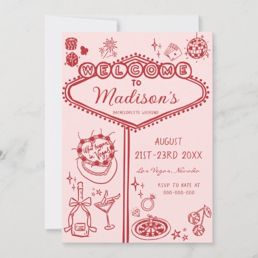 Roze Red Vegas Bachelorette Weekendprogramma Kaart (Voorkant)