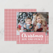 Roze Red White Gingham met kerst Foto Joy Peace Feestdagenkaart (Voorkant / Achterkant)