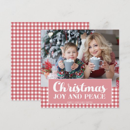 Roze Red White Gingham met kerst Foto Joy Peace Feestdagenkaart (Voorkant / Achterkant)