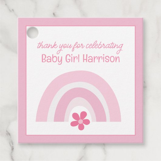Roze regenbogen en bloemen Baby shower Bedankjes Labels (Voorkant)