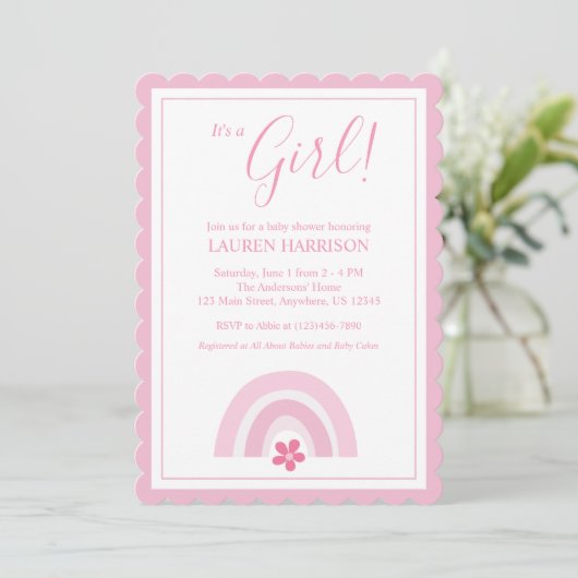 Roze regenbogen en bloemen Baby shower Kaart (Staand voorkant)