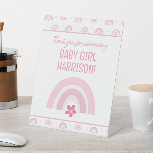 Roze regenbogen en bloemen Baby shower Reclamebord Met Voetstuk (Insitu)