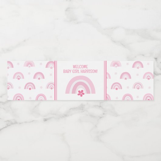 Roze regenbogen en bloemen Baby shower Waterfles Etiket (Enkel label)