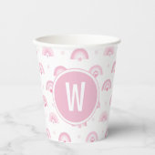 Roze regenbogen en bloemen Monogram Baby shower Papieren Bekers (Voorkant)