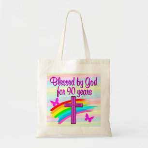 ROZE REGENBOOG 90E VERJAARDAG KLEINE CANVAS TAS