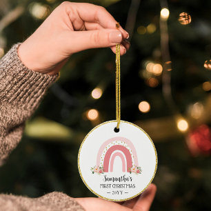 Roze Regenboog Baby Eerste Kerstmis Dubbelzijdig Keramisch Ornament