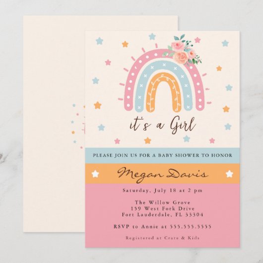 Roze regenboog Baby shower Het is een meisje Kaart (Voorkant / Achterkant)