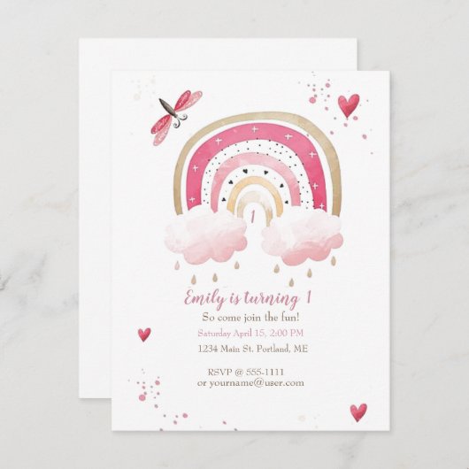  roze regenboog baby verjaardagsfeestje, aangepast kaart (Voorkant / Achterkant)