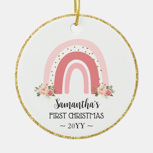 Roze Regenboog Baby's Eerste Kerstmis met foto Keramisch Ornament (Voorkant)