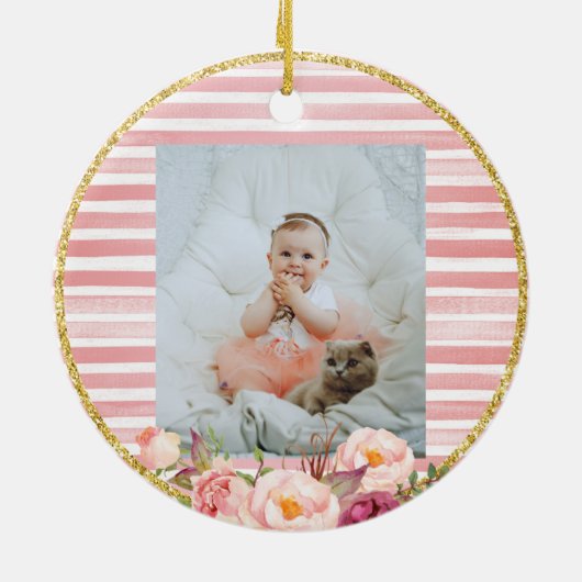 Roze Regenboog Baby's Eerste Kerstmis met foto Keramisch Ornament (Achterkant)