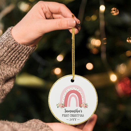 Roze Regenboog Baby's Eerste Kerstmis met foto Keramisch Ornament
