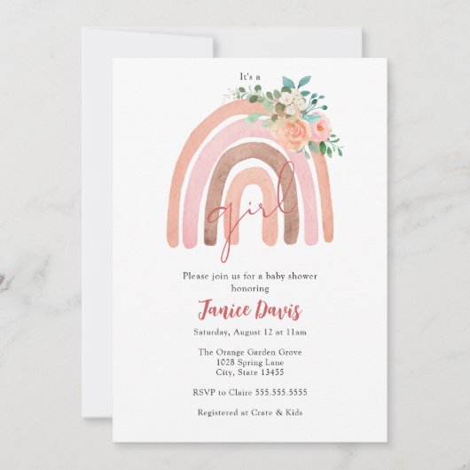Roze regenboog, Boho Girl Baby shower Invitation Kaart (Voorkant)