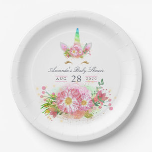 Roze Regenboog Eenhoorn Meisje Baby Shower Papieren Bordje
