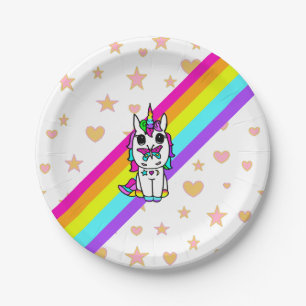 Roze Regenboog Eenhoorn met Vlinder op Neus Papieren Bordje