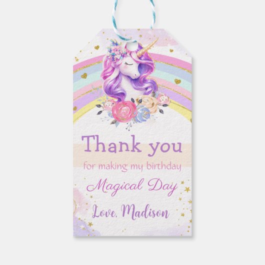 Roze Regenboog Eenhoorn Verjaardag Dank u Cadeau L Cadeaulabel (Achterkant)