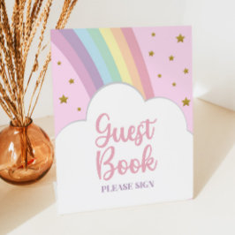 Roze Regenboog en Sterren Gastenboek Feesttafel Reclamebord Met Voetstuk