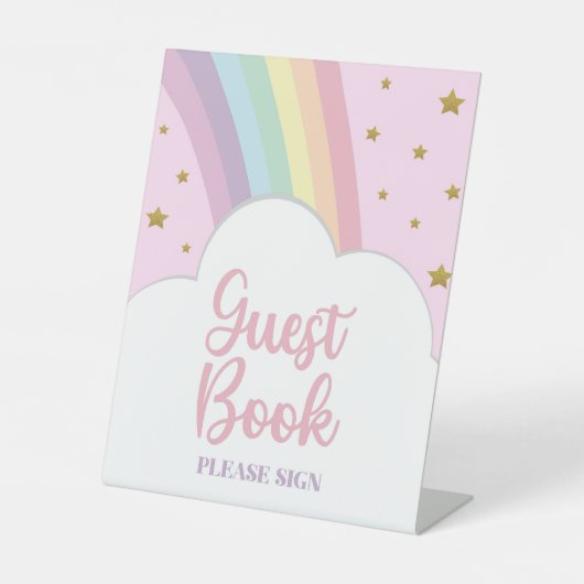 Roze Regenboog en Sterren Gastenboek Feesttafel Reclamebord Met Voetstuk (Voorkant)