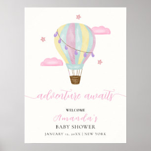 Roze Regenboog Hete Luchtballon Baby shower Welkom Poster