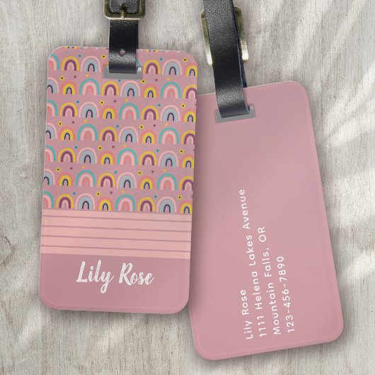 Roze Regenboog Kalligrafie Monogram Bagagelabel