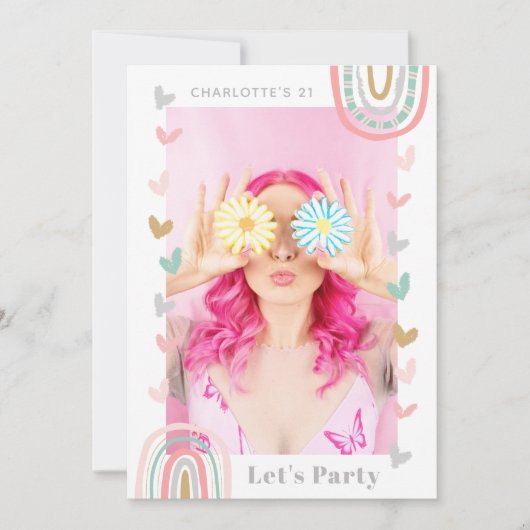 Roze Regenboog Modern Boho 21e Verjaardagsfeestje Kaart (Voorkant)