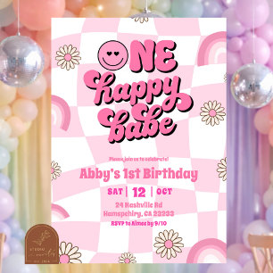 Roze regenboog retro verjaardag één gelukkige baby kaart