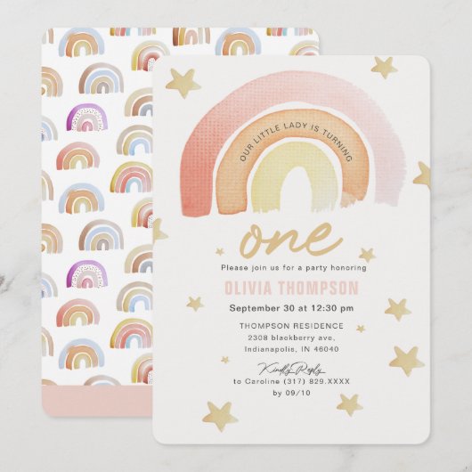 Roze Regenboog Sterren Eerste Verjaardagsfeestje Kaart (Voorkant / Achterkant)