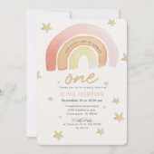 Roze Regenboog Sterren Eerste Verjaardagsfeestje Kaart (Voorkant)