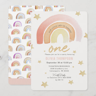 Roze Regenboog Sterren Eerste Verjaardagsfeestje Kaart