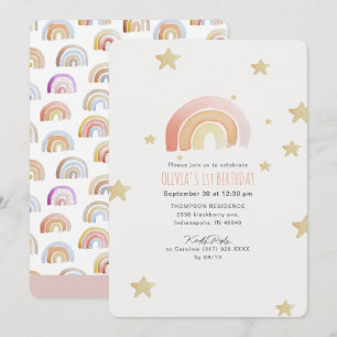 Roze Regenboog Sterren Eerste Verjaardagsfeestje Kaart
