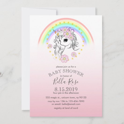 Roze regenboog Unicorn Baby shower uitnodigen Kaart (Voorkant)