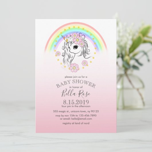 Roze regenboog Unicorn Baby shower uitnodigen Kaart (Staand voorkant)
