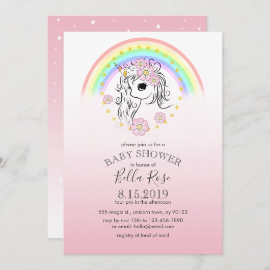 Roze regenboog Unicorn Baby shower uitnodigen Kaart (Voorkant / Achterkant)