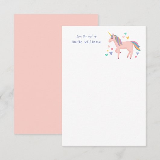 Roze regenboog Unicorn Kinder persoonlijke noot Bedankkaart (Voorkant / Achterkant)