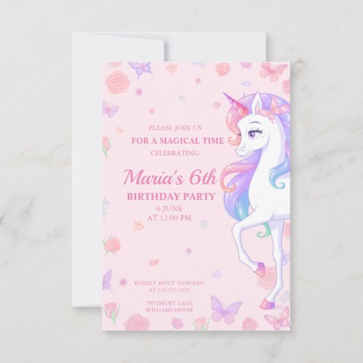 Roze regenboog Unicorn Magical Birthday Invitation Kaart (Voorkant)