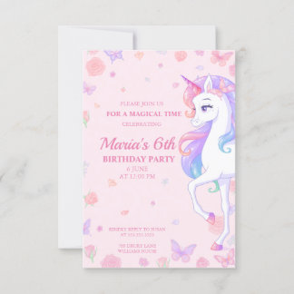 Roze regenboog Unicorn Magical Birthday Invitation Kaart