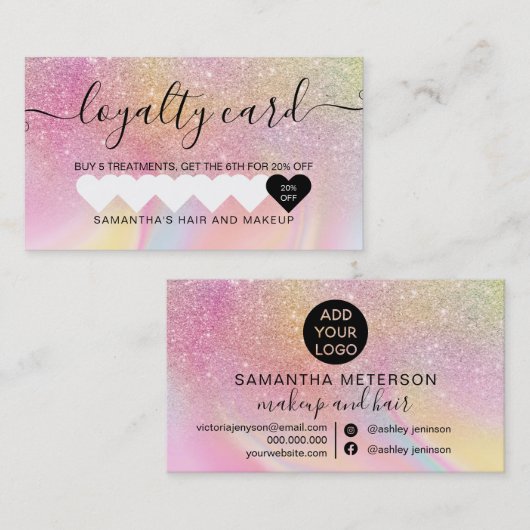 roze regenboog unicorn marmer glitter hartmake - u klantenkaartje (Voorkant / Achterkant)