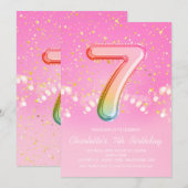 Roze regenboogballon Letter Number Seven Birthday Kaart (Voorkant / Achterkant)