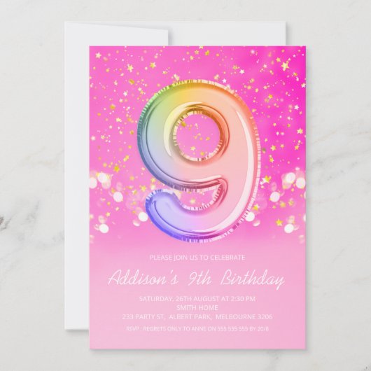 Roze regenboogballon Letter-nummer Nine Birthday Kaart (Voorkant)