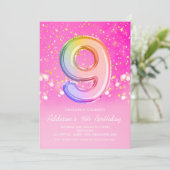 Roze regenboogballon Letter-nummer Nine Birthday Kaart (Staand voorkant)