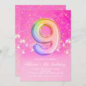 Roze regenboogballon Letter-nummer Nine Birthday Kaart (Voorkant / Achterkant)