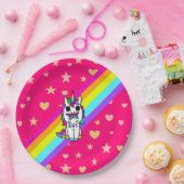 Roze regenboogeenheid met vlinder op neus papieren bordje (Feest)