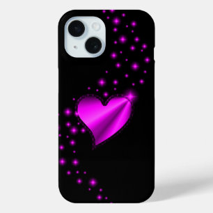 Roze regenbooghartslag met sterren op zwart iPhone 15 case