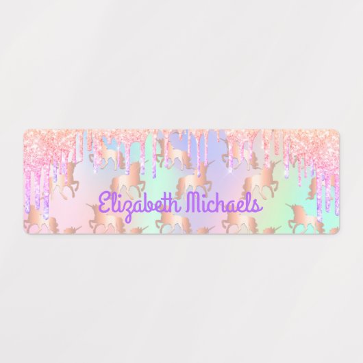 Roze regenboogkleurige regenboog, naam schoolbezit labels (Design 1)