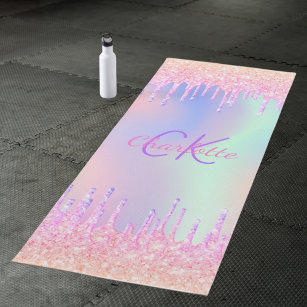 Roze regenbooglitter druipt holografisch monogram yogamat