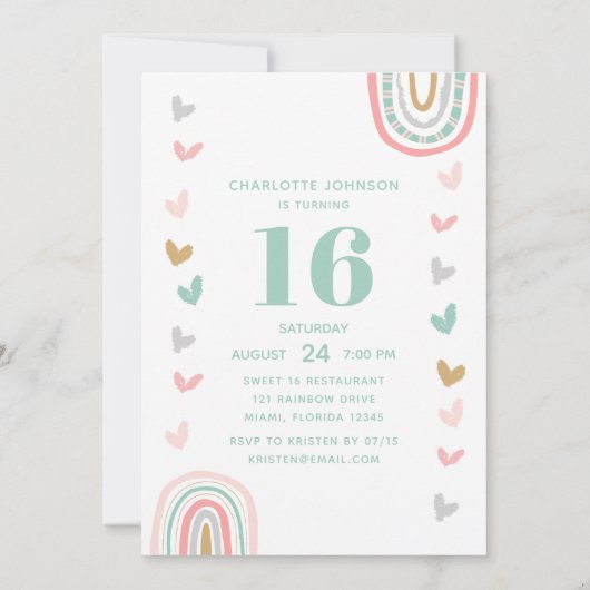 Roze regenboogzoet 16 Modern Boho Birthday Party Kaart (Achterkant)