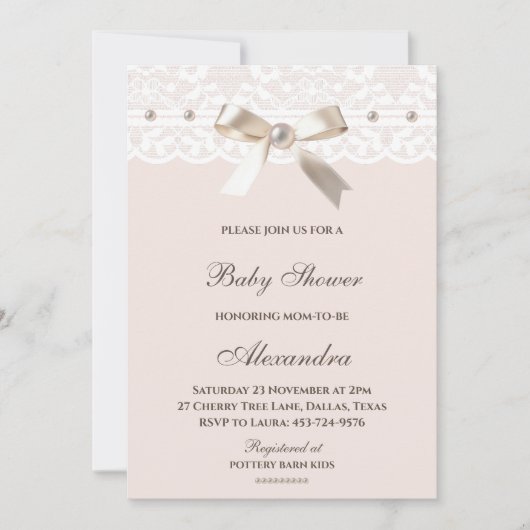 Roze Regency Bow Pearl Wit Kant Baby shower Kaart (Voorkant)
