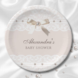 Roze Regency Pearl Satijn Bow Lace Baby shower Papieren Bordje
